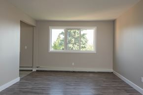 Edmonton apartment for rent - A room with a large window and wooden flooring.