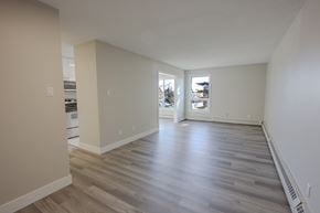 Edmonton apartment for rent - A spacious room with wooden flooring and white walls.