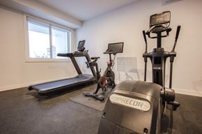 Edmonton apartment for rent - A home gym with a treadmill, exercise bike, and weights.