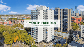 Edmonton apartment for rent - A tall building with the text "1 MONTH FREE RENT" in front of a cityscape.