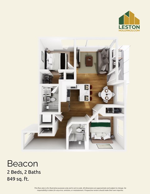 Floor plan for 2 beds, 2 baths, 962 sqft