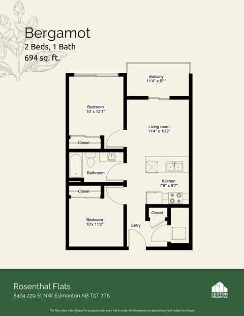 Floor plan for 2 beds, 1 bath, 769 sqft