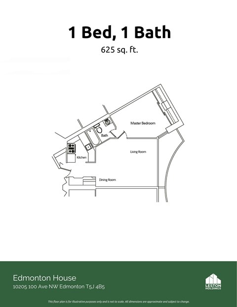 Floor plan for 1 bed, 1 bath, 600 sqft