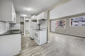 Edmonton apartment for rent - A modern kitchen with white appliances and wooden floors.