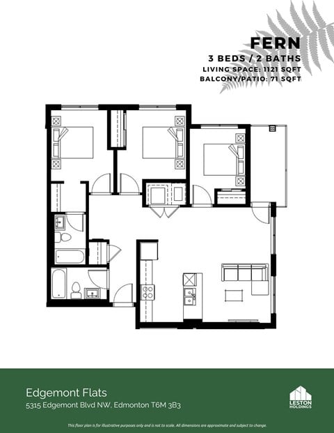 Floor plan for 3 beds, 2 baths, 1275 sqft
