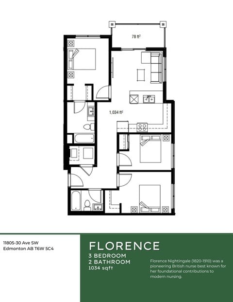 Floor plan for 3 beds, 2 baths, 1034 sqft