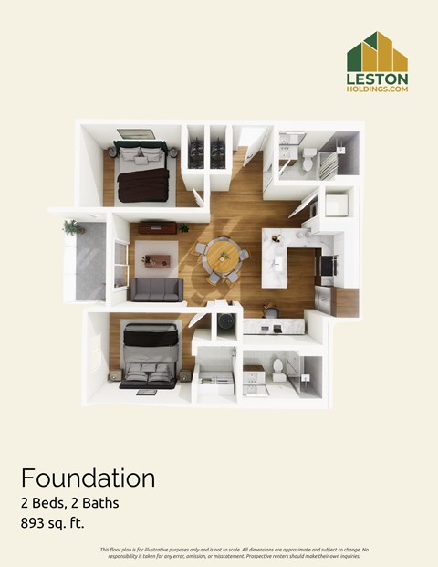 Floor plan for 2 beds, 2 baths, 921 sqft