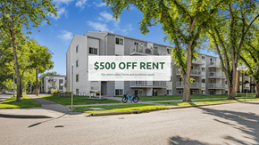 Edmonton apartment for rent - A modern apartment building with a $500 off rent sign in front.