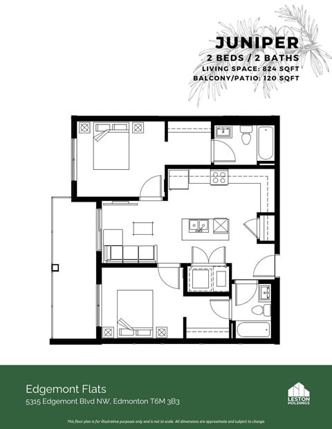 Floor plan for 2 beds, 2 baths, 860 sqft