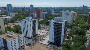 Edmonton apartment for rent - A cityscape with a mix of residential and commercial buildings.