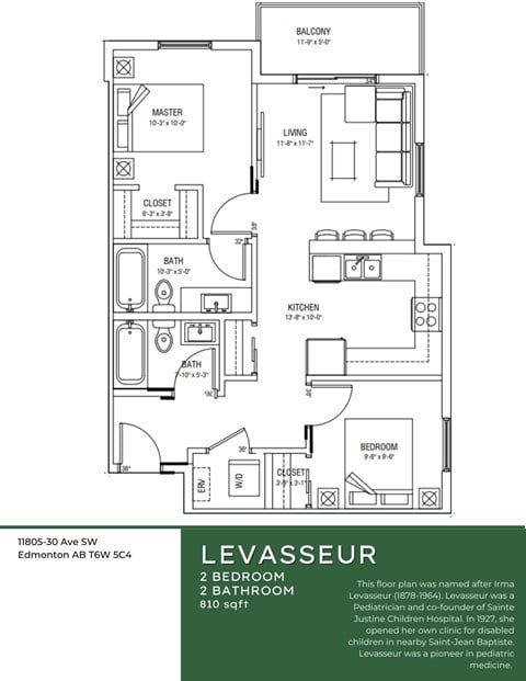 Floor plan for 2 beds, 2 baths, 818 sqft