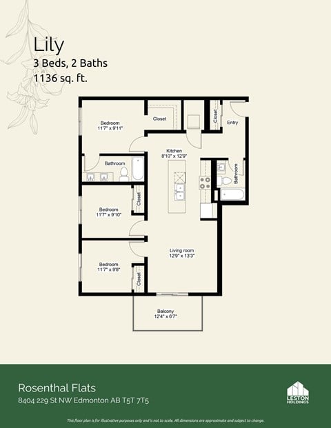 Floor plan for 3 beds, 2 baths, 1217 sqft