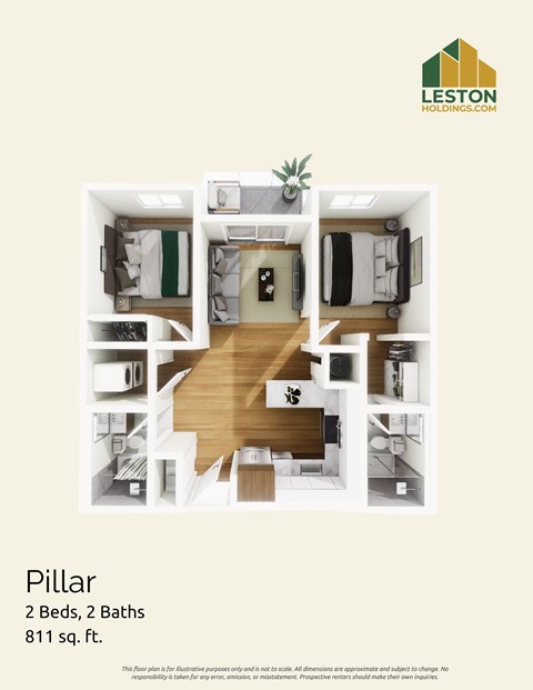 Floor plan for 2 beds, 2 baths, 867 sqft