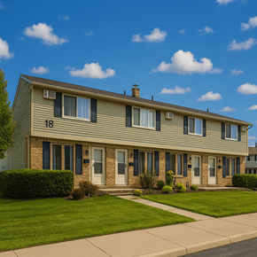 Wayne townhouse for rent - A house numbered 18 with a green lawn in front.