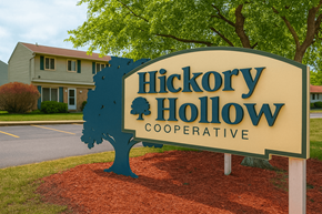 Wayne townhouse for rent - A sign for Hickory Hollow Cooperative is shown in front of a tree and a house.