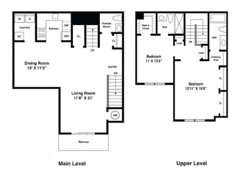 Floor plan for 2 beds, 2.5 baths, 1300 sqft