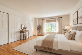 Lakewood apartment for rent - A bedroom with a large bed and a desk with a chair.