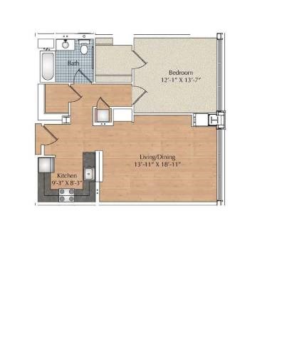 Floor plan for 1 bed, 1 bath