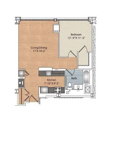 Floor plan for 1 bed, 1 bath