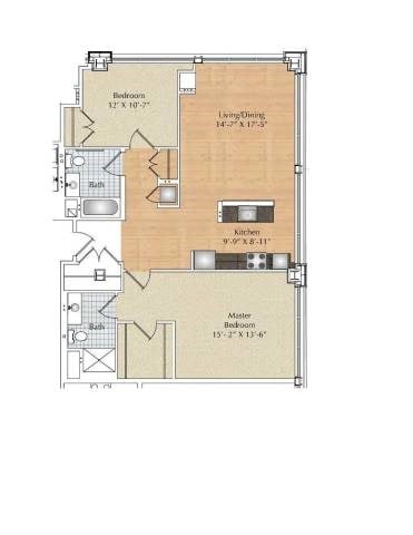 Floor plan for 2 beds, 2 baths