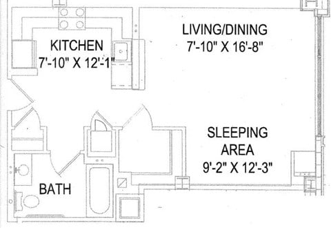 Floor plan for studio, 1 bath