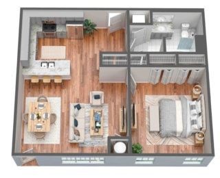 Floor plan for 1 bed, 1 bath, 843 sqft