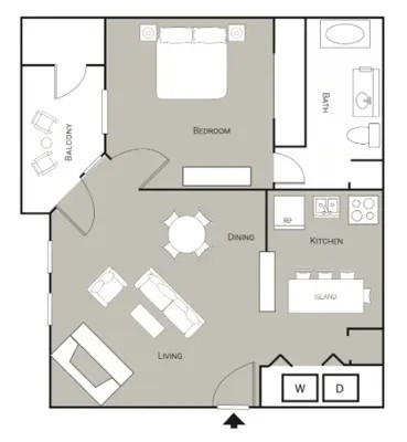 Floor plan for 1 bed, 1 bath, 588 sqft