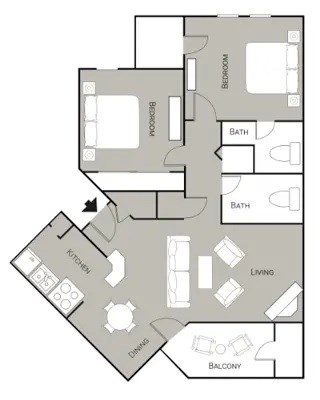 Floor plan for 2 beds, 2 baths, 890 sqft