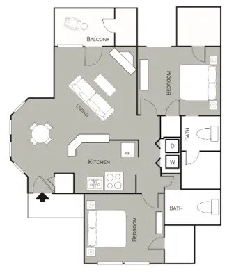 Floor plan for 2 beds, 2 baths, 950 sqft