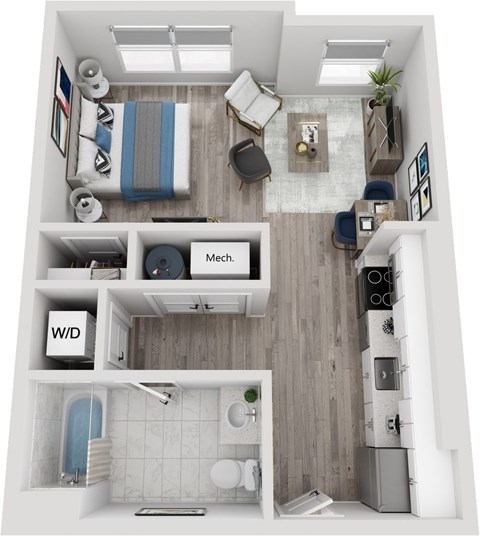 Floor plan for 1 bed, 1 bath, 690 sqft