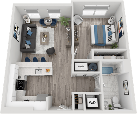 Floor plan for 1 bed, 1 bath, 724 sqft