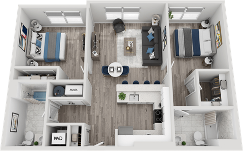 Floor plan for 2 beds, 2 baths, 1084 sqft