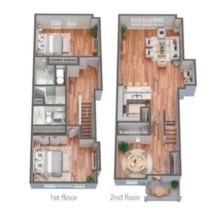 Floor plan for 2 beds, 2.5 baths, 1437 sqft