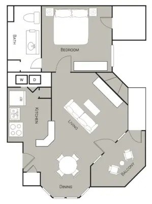 Floor plan for 1 bed, 1 bath, 726 sqft