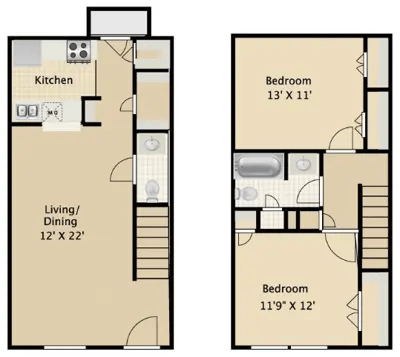 Floor plan for 2 beds, 1.5 baths, 1024 sqft