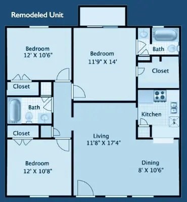 Floor plan for 3 beds, 2 baths, 1106 sqft