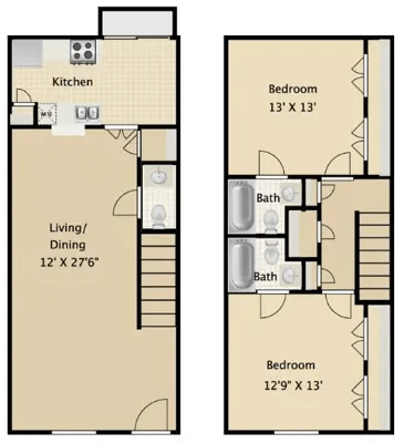Floor plan for 2 beds, 2.5 baths, 1200 sqft