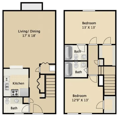 Floor plan for 3 beds, 2 baths, 1257 sqft