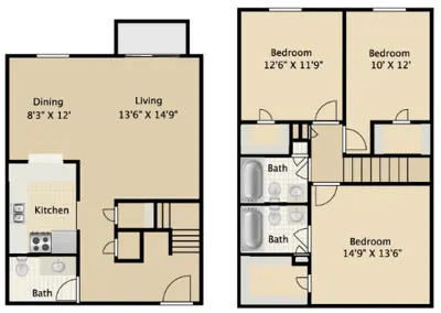 Floor plan for 3 beds, 2.5 baths, 1463 sqft