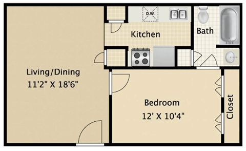 Floor plan for 1 bed, 1 bath, 520 sqft