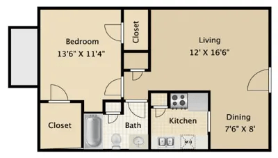 Floor plan for 1 bed, 1 bath, 704 sqft