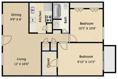 Floor plan for 2 beds, 1 bath, 816 sqft
