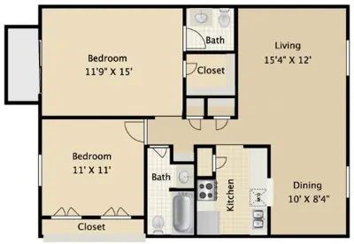 Floor plan for 2 beds, 1.5 baths, 897 sqft