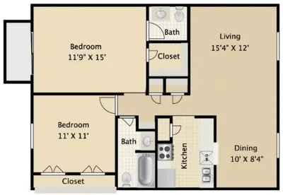Floor plan for 2 beds, 1.5 baths, 897 sqft