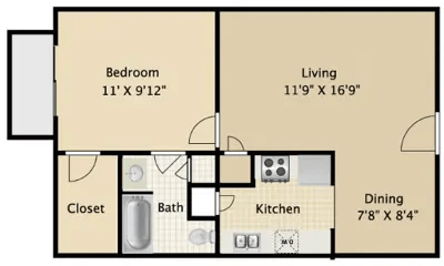 Floor plan for 1 bed, 1 bath, 632 sqft