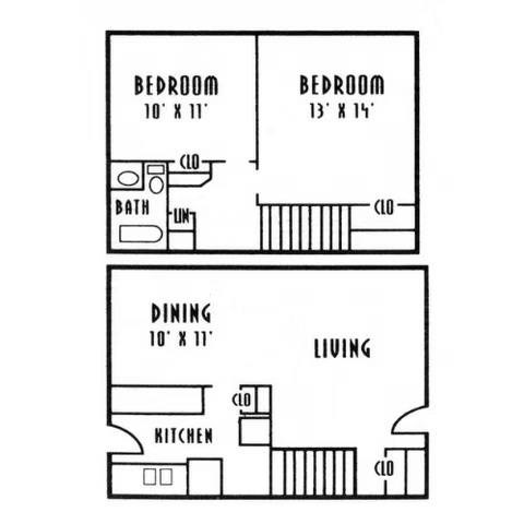 Floor plan for 2 beds, 1 bath, 950 sqft