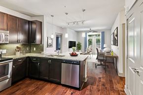 Charlotte apartment for rent - A modern kitchen with dark wood cabinets and stainless steel appliances.