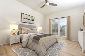 Frisco apartment for rent - A bedroom with a large bed, a ceiling fan, and a painting on the wall.