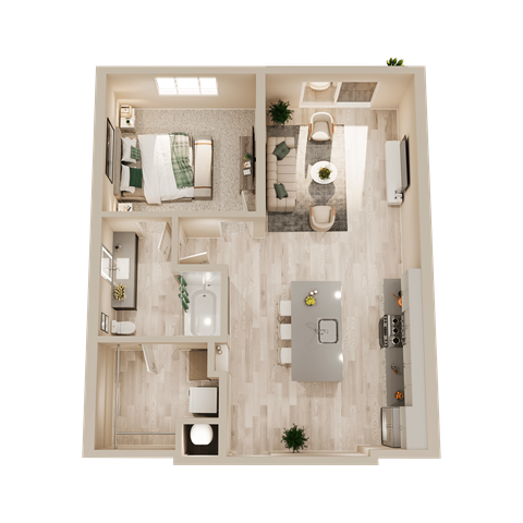 Floor plan for 1 bed, 1 bath, 757 sqft