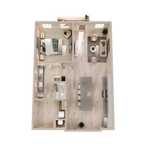 Floor plan for 1 bed, 1 bath, 881 sqft